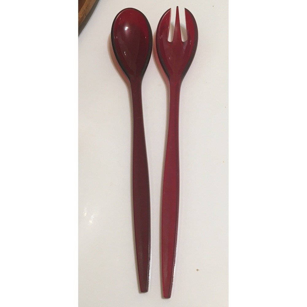 MCM Clear Red Amber Salad Serving Spoon and Fork Acrylic.